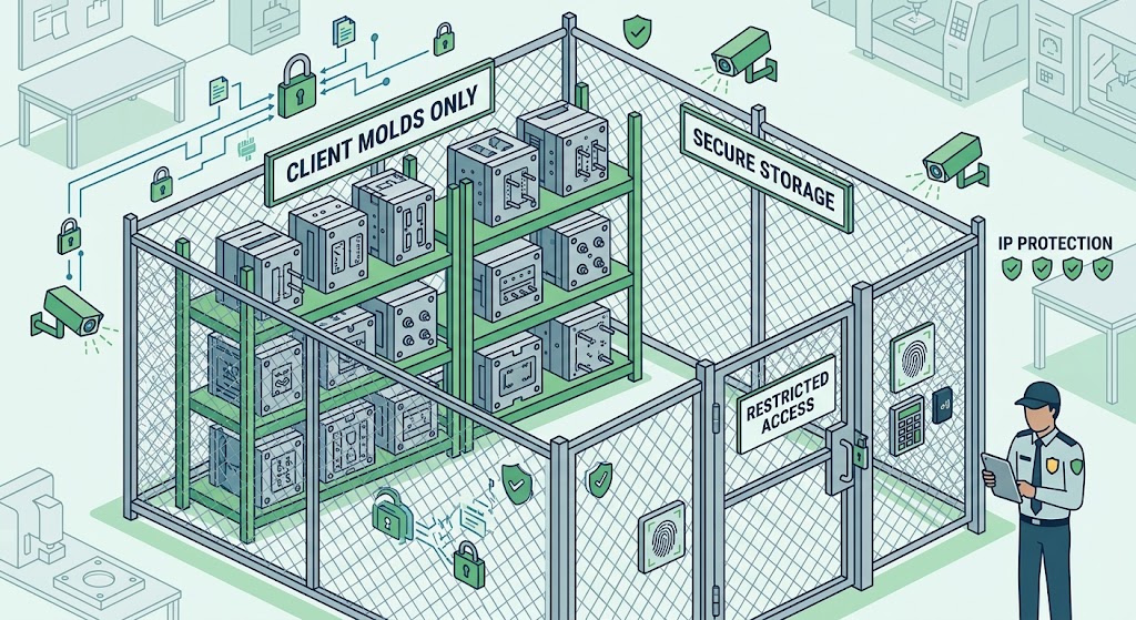 Secure client mold storage facility illustration with IP protection labels and restricted access